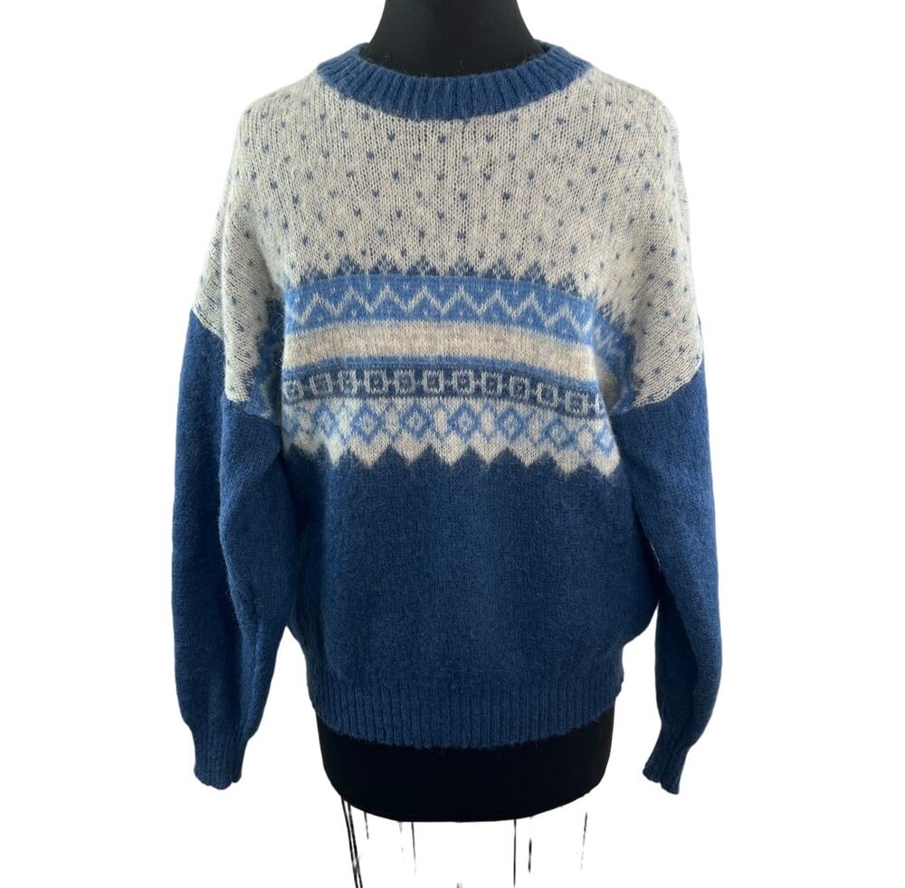 VINTAGE Blue White Sweater Wool Fair Isle Knitted Crew Neck Pullover L XL? VTG